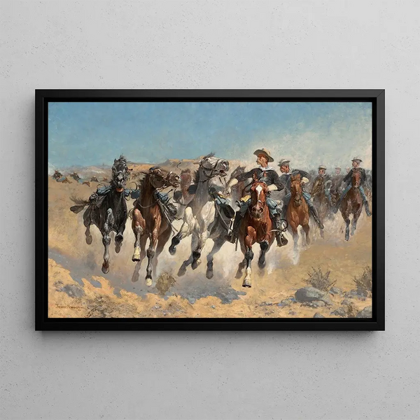 smontato, i quarti cavalieri che spostano i cavalli condotti - Frederic Remington — quadro incorniciato alla parete