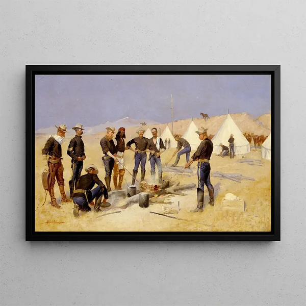 Rôtir le bœuf de Noël dans un camp de cavalerie - Frederic Remington — quadro incorniciato alla parete
