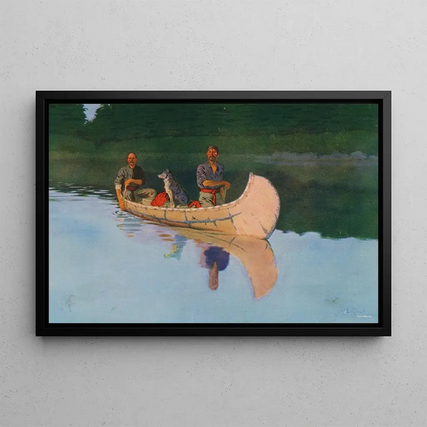 Due uomini e un cane in una canoa - Frederic Remington — quadro incorniciato alla parete