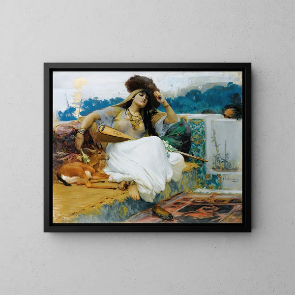 Giovane donna su una terrazza - Frederick Arthur Bridgman — quadro incorniciato alla parete