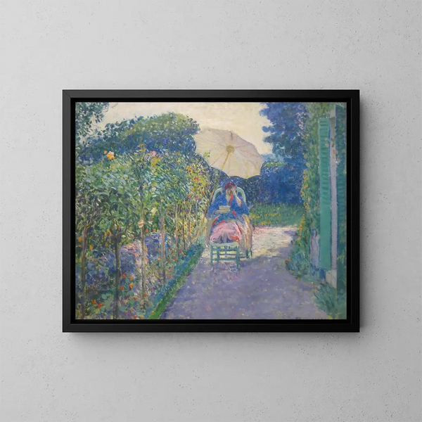 Donna seduta in un giardino - Frederick Carl Frieseke — quadro incorniciato alla parete