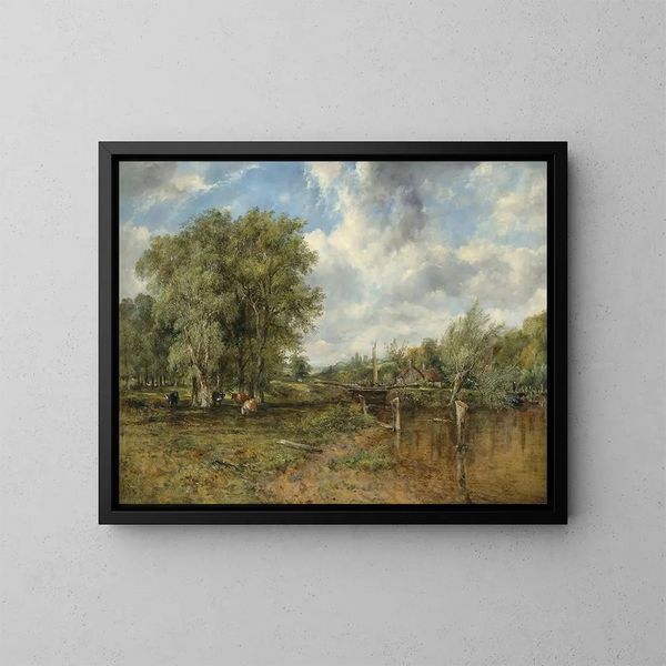 Un paesaggio boscoso con bestiame e un cottage oltre - Frederick Waters Watts — quadro incorniciato alla parete