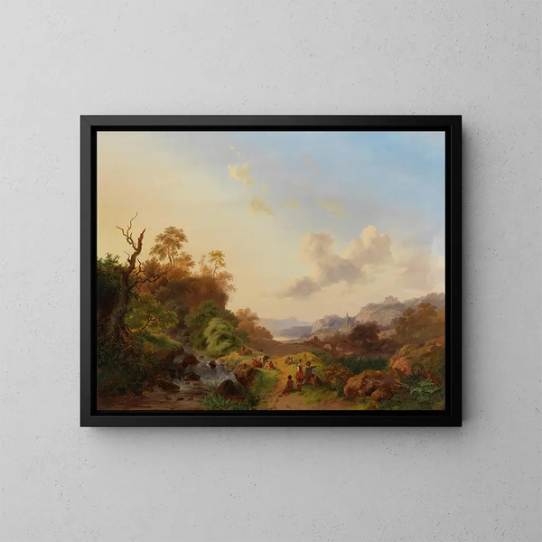 Paesaggio estivo con figure e bestiame vicino a una cascata - Frederik Marinus Kruseman — quadro incorniciato alla parete