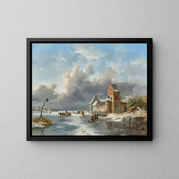 Paesaggio invernale con figure su un fiume ghiacciato - Frederik Marinus Kruseman — quadro incorniciato alla parete
