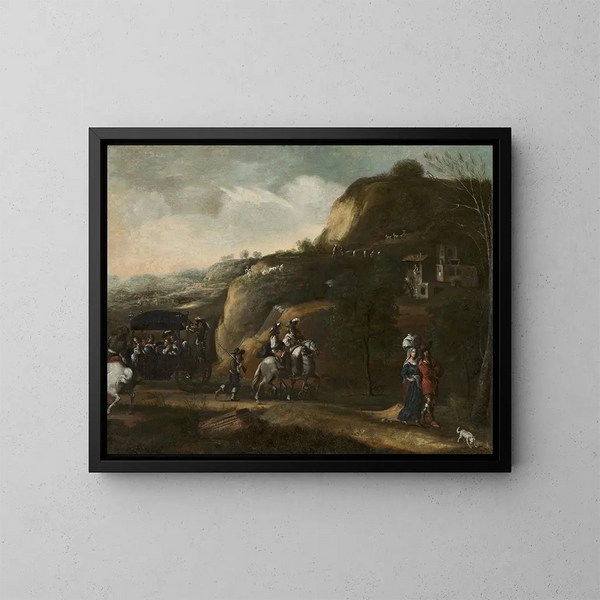 Paesaggio con una carrozza trainata da cavalli - Frederik de Moucheron — quadro incorniciato alla parete