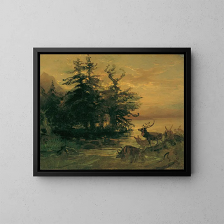 Friedrich August Matthias Gauermann - Suhlende Hirsche am Ufer eines Bergsees.webp