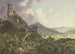 Le Rovine di Gleiberg e Vetzberg vicino a Gießen, a sinistra le due rovine di castelli sulle montagne, a destra una vasta valle in primo piano, escursionisti e pastori - Friedrich Christian Reinermann — vista dell’opera