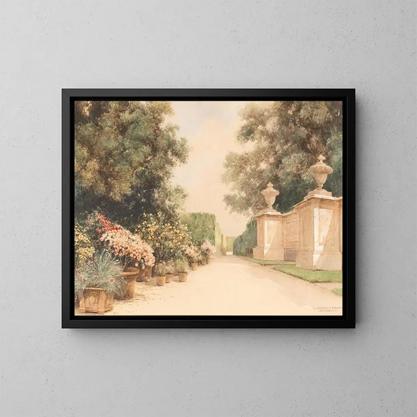 Un viale nel Grand Parterre con vasi di fiori e una parte di un muro nel parco di Schönbrunn - Friedrich Frank — quadro incorniciato alla parete