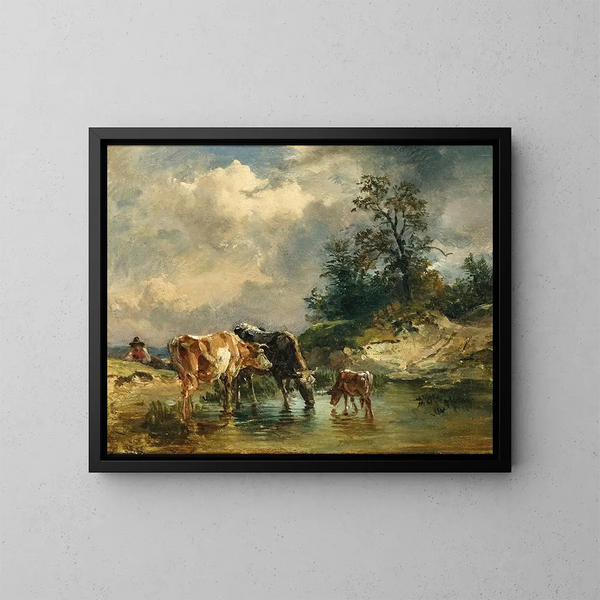 Vacche vicino a un abbeveratoio - Friedrich Gauermann — quadro incorniciato alla parete