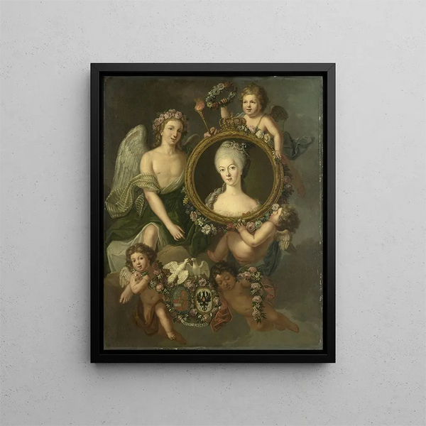 Friedrich Reclam - Portrait of Wilhelmina of Prussia in a medallion with allusions to her marriage to Prince William V on 4 October 1767 in Berlin Frederika Sophia Wilhelmina.webp