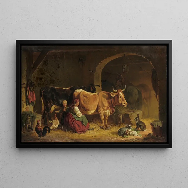 nella stalla - Friedrich Voltz — quadro incorniciato alla parete