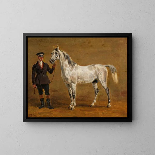 Cavallo grigio con ufficiale di cavalleria - Friedrich Voltz — quadro incorniciato alla parete