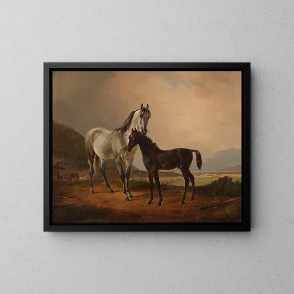 Cavalla con puledro davanti a un vasto paesaggio di colline - Friedrich Voltz — quadro incorniciato alla parete