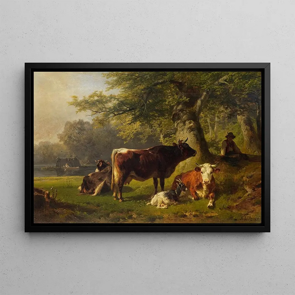 Paesaggio di pascolo con giovane pastore - Friedrich Voltz — quadro incorniciato alla parete