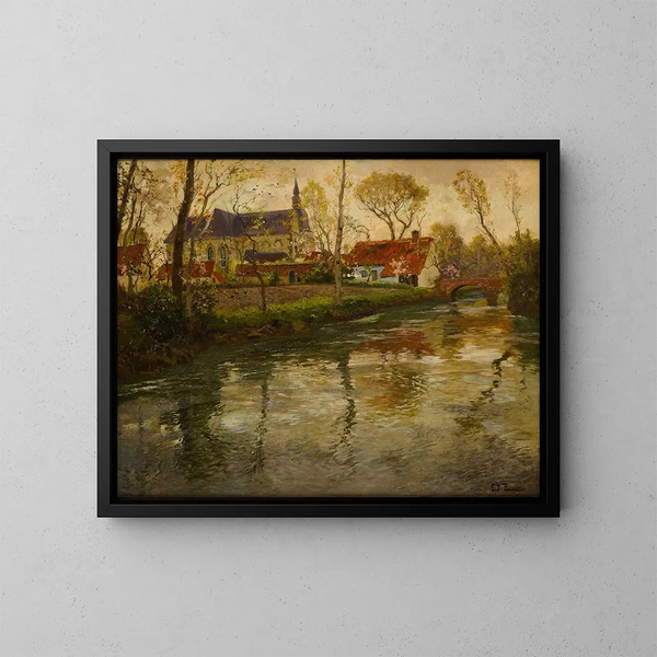 Un paesaggio fluviale con una chiesa oltre - Frits Thaulow — quadro incorniciato alla parete