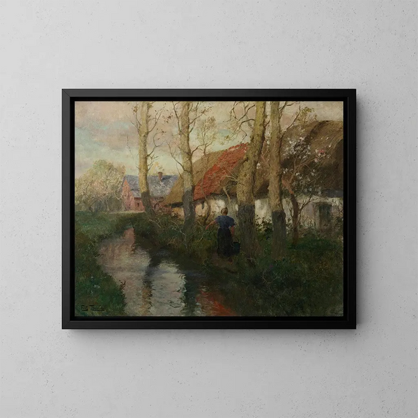 Una fiumara in Normandia con una donna che porta acqua - Frits Thaulow — quadro incorniciato alla parete