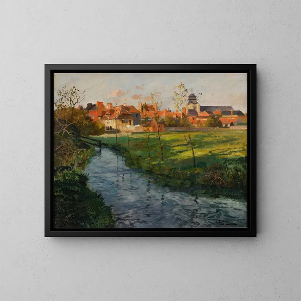 Villaggio sul bordo di un ruscello - Frits Thaulow — quadro incorniciato alla parete