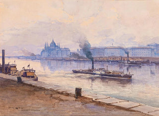 Fritz Lach - A steam boat on the river Danube the parliament building of Budapest in the background.webp