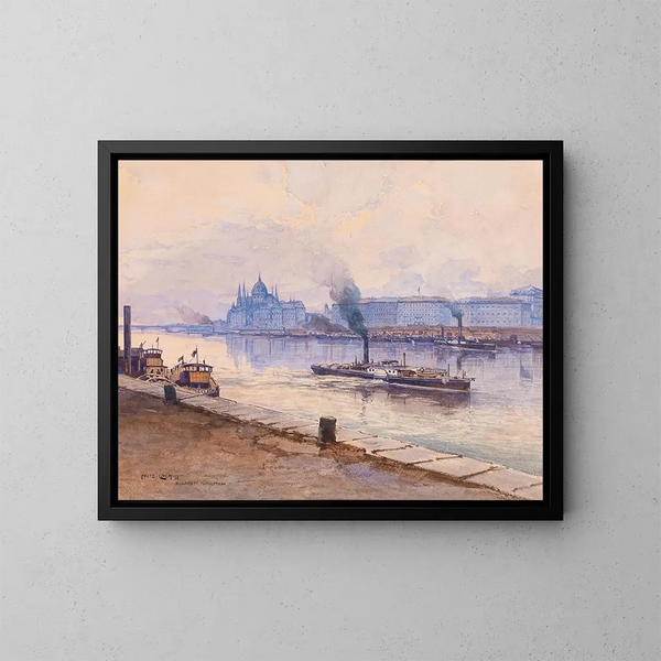 Una nave a vapore sul Danubio con l'edificio del parlamento di Budapest sullo sfondo - Fritz Lach — quadro incorniciato alla parete