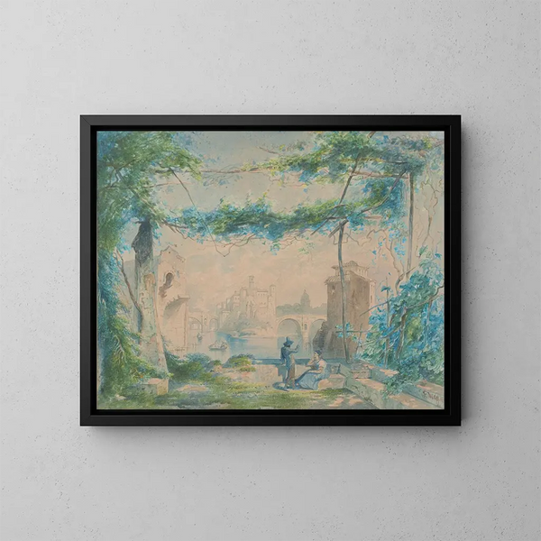 Paesaggio italiano con coppia sul fiume - Fritz Wolff — quadro incorniciato alla parete
