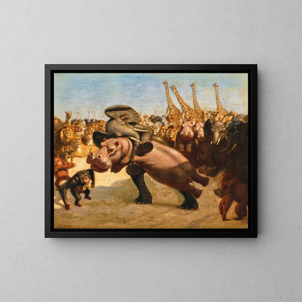 dei scimmie come arbitri nel combattimento tra un elefante e un ippopotamo - Gabriel von Max — quadro incorniciato alla parete