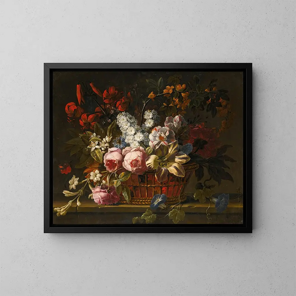 Natura morta di rose, tulipani, giacinti, gelsomini e altri fiori disposti liberamente in un cesto di vimini su un davanzale di pietra - Gaspar Peeter Verbruggen l'Ancien — quadro incorniciato alla parete