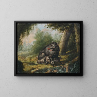 Georg Ernst Sandner - Eine Wildsau mit ihren Jungen Ein Br wird von Bienen attackiert.webp
