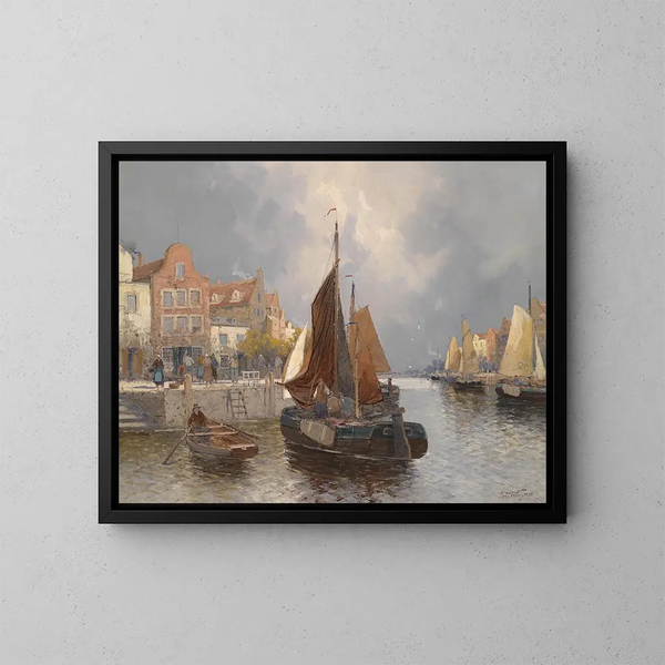Vista del porto olandese - Georg Fischhof — quadro incorniciato alla parete