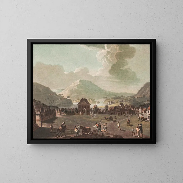 Vista di una piazza nella città di Bergen - Georg Haas — quadro incorniciato alla parete