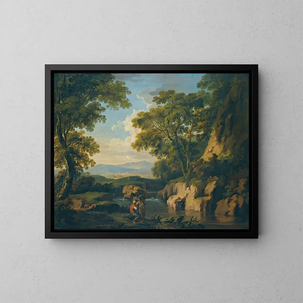 Un paesaggio montano boscoso con figure vicino a un fiume in primo piano - George Barret — quadro incorniciato alla parete