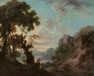 George Barret - A wooded landscape with a lake anglers in the foreground.webp