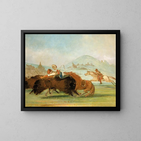 Baptiste e me che corriamo alla bocca del bufalo dello Yellowstone - George Catlin — quadro incorniciato alla parete