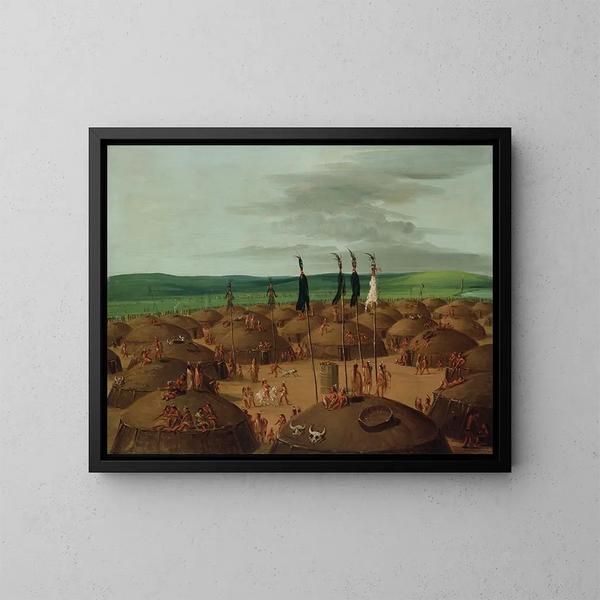 Vista aerea del villaggio Mandan a 1800 miglia sopra Saint-Louis - George Catlin — quadro incorniciato alla parete