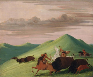 George Catlin - Buffalo Chase Bull Protecting a Cow And Calf.webp