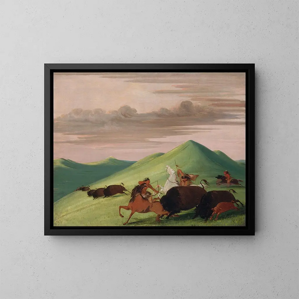 Caccia al bufalo: un toro che protegge una mucca e il suo vitello - George Catlin — quadro incorniciato alla parete