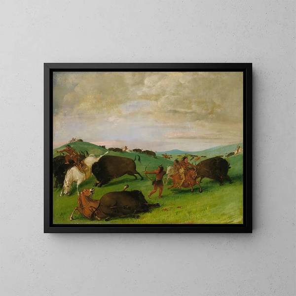 La chasse au buffle: i tori in lotta con gli uomini e i cavalli - George Catlin — quadro incorniciato alla parete