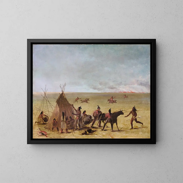 Famiglia indiana allarmata dall'avvicinarsi di un incendio di prateria - George Catlin — quadro incorniciato alla parete