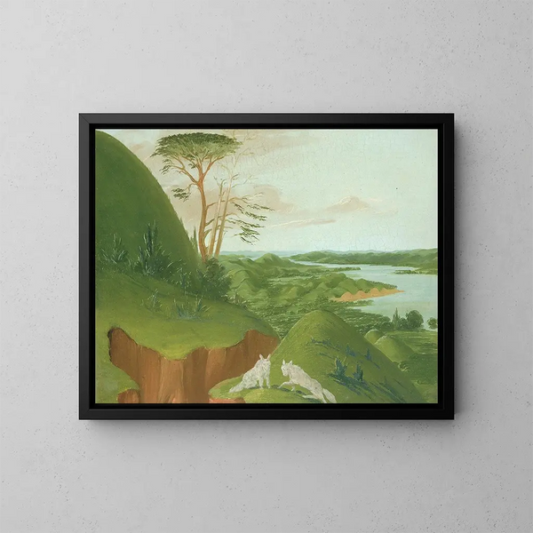 Falesie fluviali con lupi bianchi in primo piano, Haut-Missouri - George Catlin — quadro incorniciato alla parete