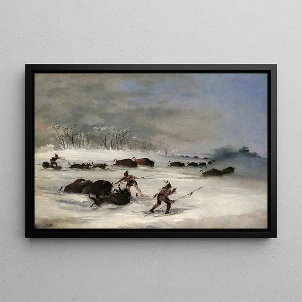 Sioux indiani su racchette che cacciano il bisonte - George Catlin — quadro incorniciato alla parete