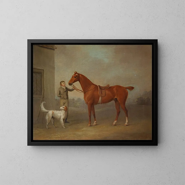 Il cacciatore di castagne di M. Yarburgh, Robin Hood, tenuto da un maniscalco con un cane in un paesaggio - George Haigh — quadro incorniciato alla parete