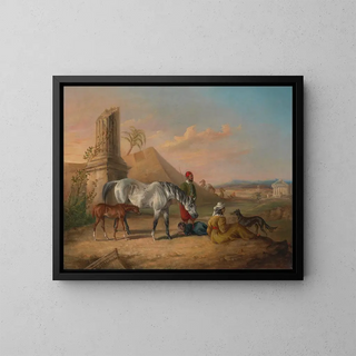 George Henry Laporte - Grey Arabian mare and foal with a family.webp