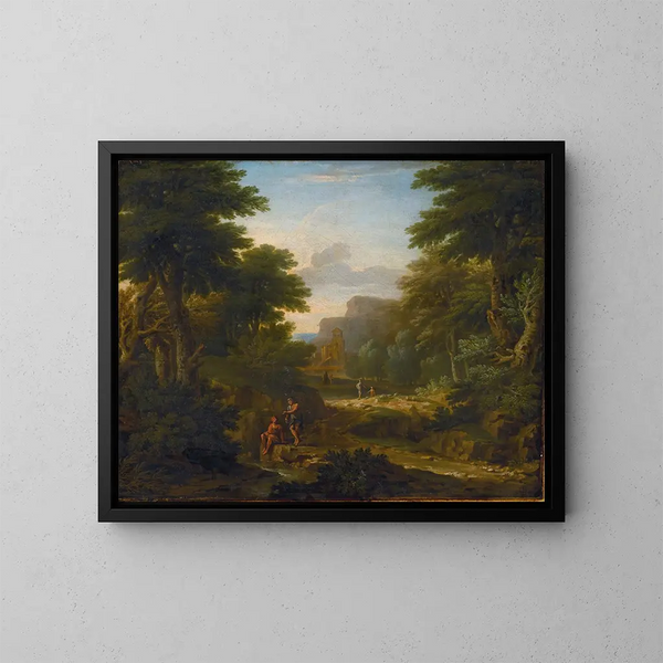 paesaggistico boscoso con figure che si riposano vicino a un ruscello - George Lambert — quadro incorniciato alla parete