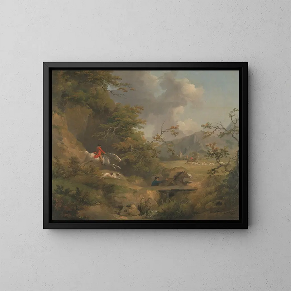 Caccia alla battuta in paesaggio collinare - George Morland — quadro incorniciato alla parete