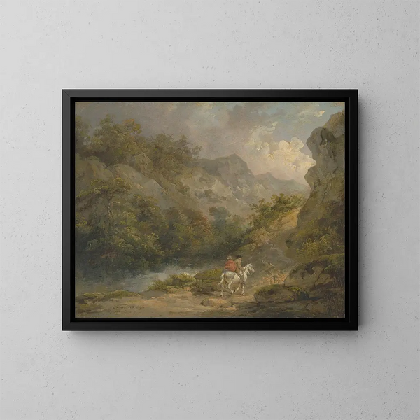 Paesaggio roccioso con due uomini su un cavallo - George Morland — quadro incorniciato alla parete