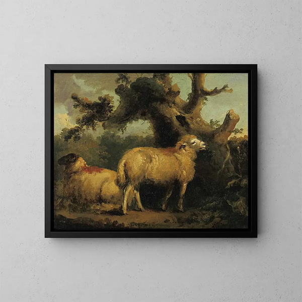 Due pecore in un paesaggio - George Morland — quadro incorniciato alla parete