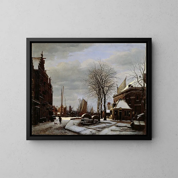 Mercato delle macine ad Amsterdam con l'edificio Het Zeerecht in inverno - George Pieter Westenberg — quadro incorniciato alla parete