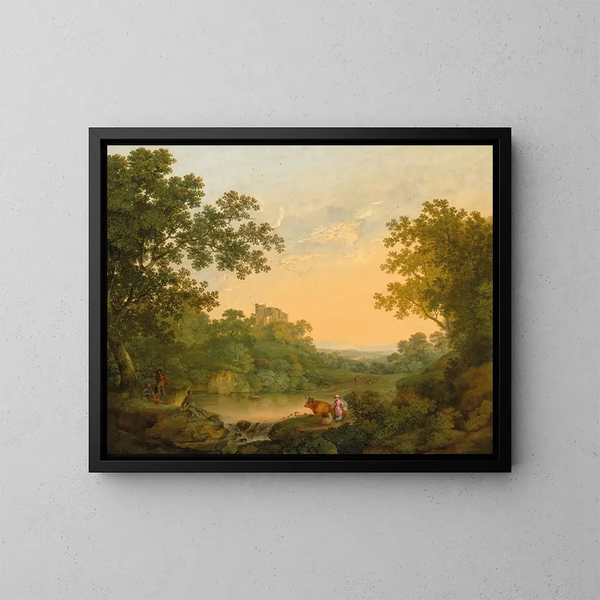 Un paesaggio boscoso con pescatori e pastori vicino a uno stagno, un castello in rovina oltre - George Smith — quadro incorniciato alla parete