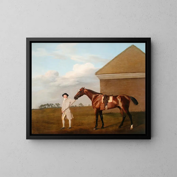 Coda di fuoco con il suo allenatore alla toelettatura di Newmarket Heath - George Stubbs — quadro incorniciato alla parete