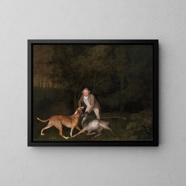 Il guardiacaccia dell'earl di Clarendon con una cerva morente e un cane - George Stubbs — quadro incorniciato alla parete
