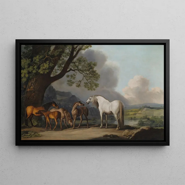 Giumente e puledri in un paesaggio ampio - George Stubbs — quadro incorniciato alla parete